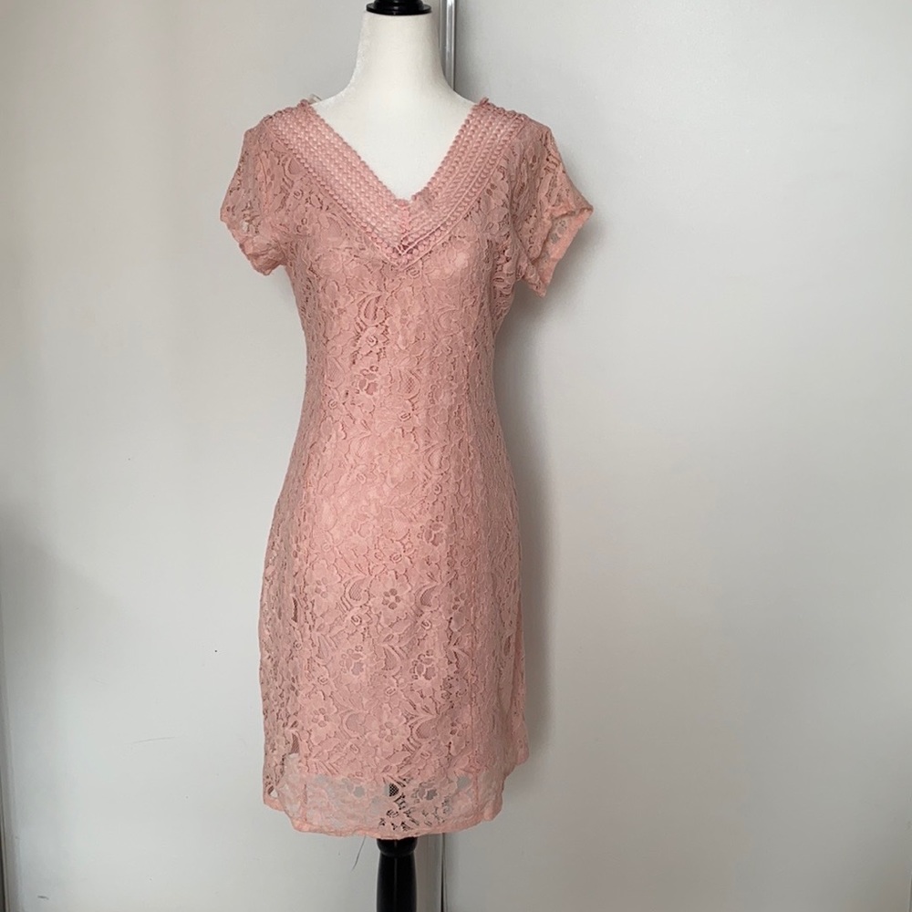 Easel Women's Pink Hidden Talent Floral Pink  Lace Dress V-neck